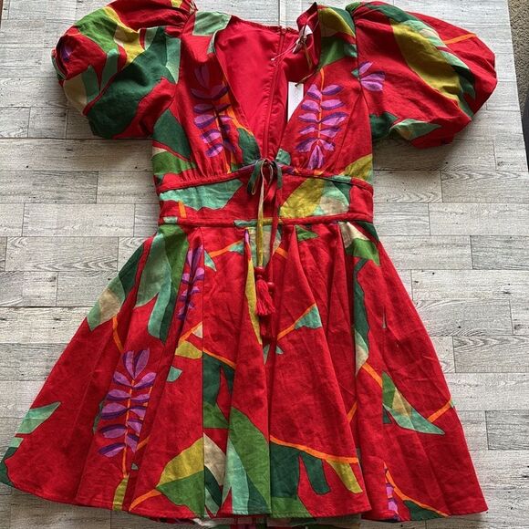 NWT Anthropologie House of Harlow 1960 Linen Red Floral Puff Sleeves Dress Sz 2 - Picture 1 of 12